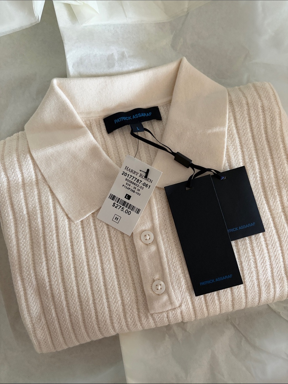 Patrick Assaraf Men's Cream Ribbed V-Neck Polo Sweater